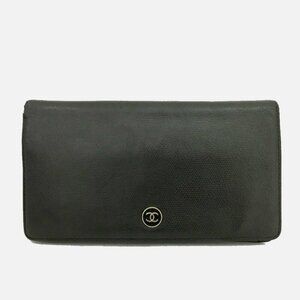 CHANEL Coco Button Leather Bifold Wallet Black France